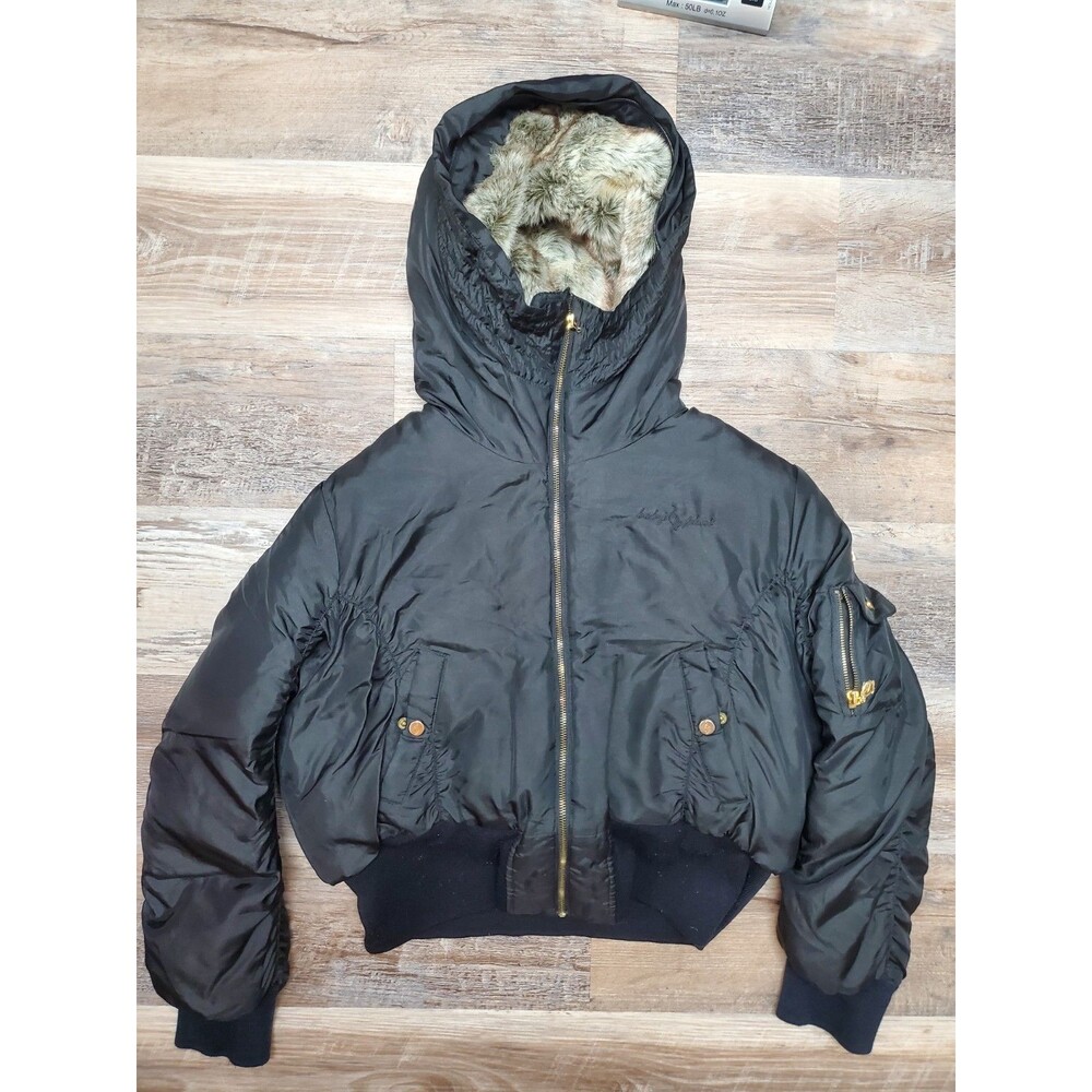 Vtg Y2K Baby Phat Puffer Jacket Coat Size 2XL Fur Lining Black Gold Accents